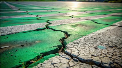 A cracked and faded green and white painted surface, revealing the texture of the underlying concrete.