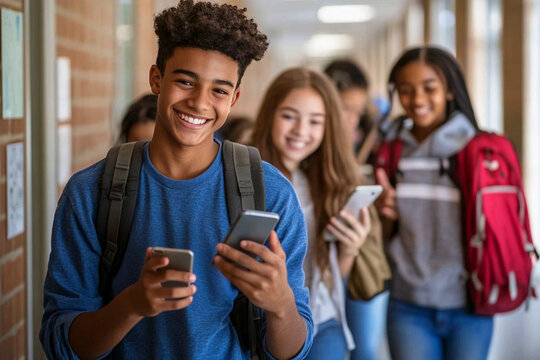 group of diverse multiracial high school students smiling holding phones hallway education