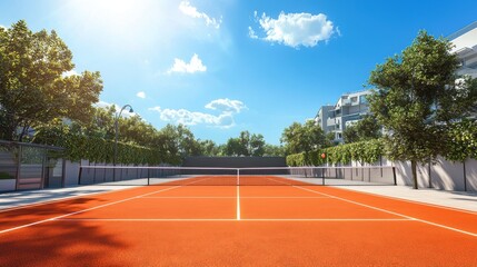 New private tennis court stadium with red ground without people during the summer