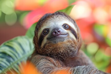 Fototapeta premium Smiling sloth hanging in lush foliage, vibrant colors.