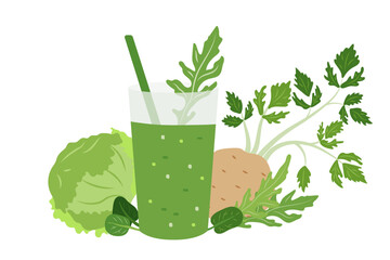 Green Smoothie with Fresh Vegetables and Herbs Including Cabbage, Celery, and Arugula