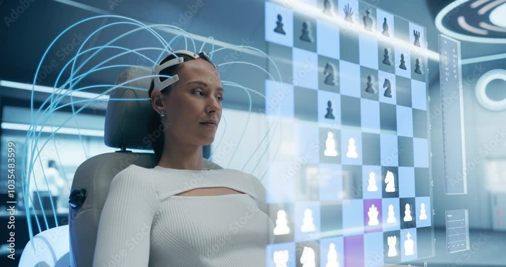 Poster Woman Uses a Neural Headset to Play Virtual Chess in a Futuristic Lab, Interacting With a Holographic Chessboard Interface, Highlighting Advanced Technology and Immersive Digital Experiences.