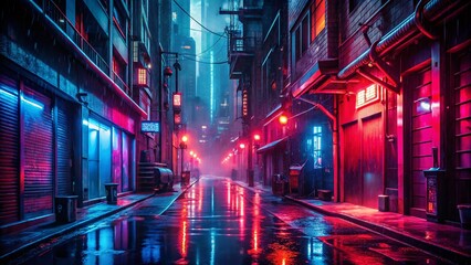 Obraz premium Neon Alley at Night: Cyberpunk Rainy Scene with Tilt-Shift Photography