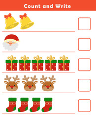 Christmas activity sheet. Count and write numbers 1-5. Counting objects worksheet for kids. Educational fun game for children. Kindergarten Counting Worksheet.