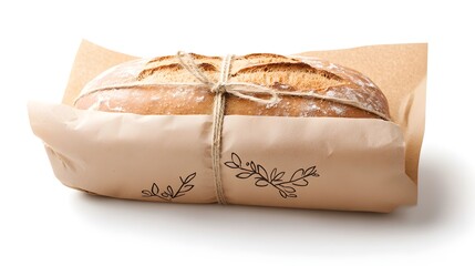 Handmade bread packaging, kraft paper, twine bow, delicate hand-drawn bakery elements, warm lighting effect, isolated on white background