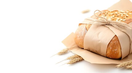 Handmade bread packaging, kraft paper, twine bow, delicate hand-drawn bakery elements, warm lighting effect, isolated on white background
