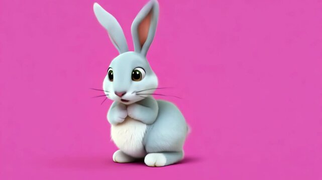 cute blue cartoon rabbit with large eyes sitting on its hind legs, appearing shy or thoughtful, against a bright pink background