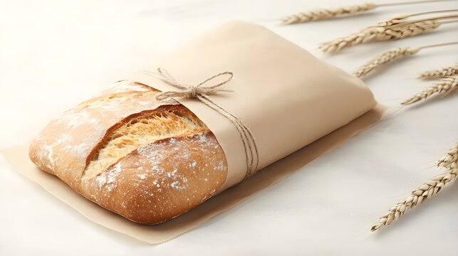 Handmade bread packaging, kraft paper, twine bow, delicate hand-drawn bakery elements, warm lighting effect, isolated on white background