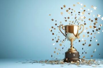 Naklejka premium Golden Trophy with Star Confetti on Blue Background
