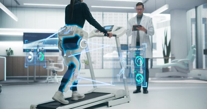 Woman Wearing Exoskeleton Uses a Treadmill for Physical Therapy, Monitored by Doctor. Advanced Neuralink Technology, Holographic Data Interface Shows Futuristic Healthcare and Rehabilitation Progress