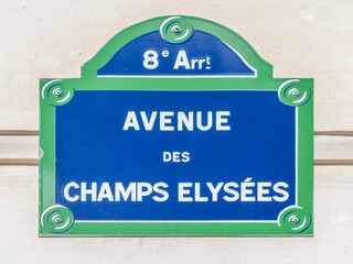 The street sign of the famous Parisian avenue of the Champs-Elysees, Paris, France