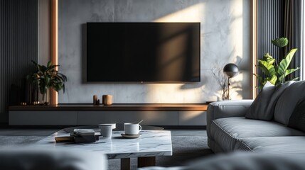 Modern living room interior design with a sofa, TV and coffee table.