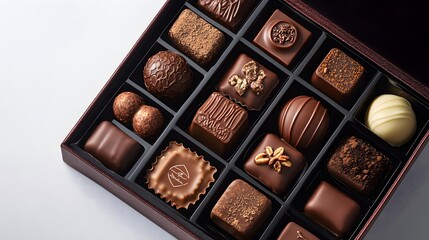 Obraz premium High-end chocolate box, deep rich colors, embossed logo detail, velvet backdrop, soft luxurious lighting, isolated on white background