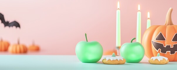 A table set for Halloween, filled with eerie greenglowing candy apples and pumpkinshaped cookies, illuminated by neon candles, Neon Gothic, surreal atmosphere