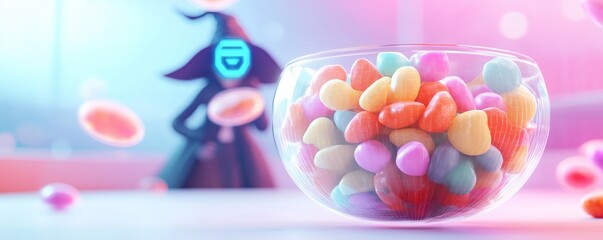 A transparent pumpkin bowl filled with glowing candies that change colors, with a holographic witch in the background, Cyberfantasy, floating neon lights, surreal