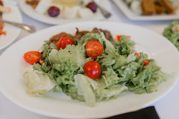 salad on a plate in a restaurant with cherry tomatoes and lettuce leaves