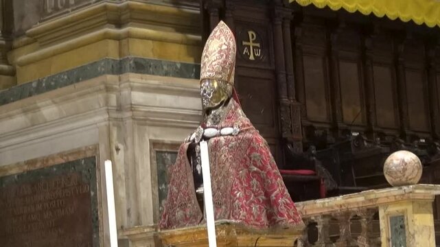 Reliquary bust of San Gennaro (with skull bones) from 1305 on the altar of Naples Cathedral or Cathedral of the Assumption of Mary. Naples, Italy.