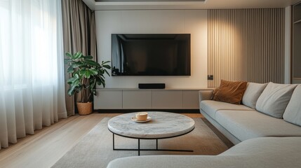 Modern living room interior design with a sectional sofa, coffee table and TV.