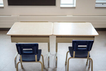 School empty classroom, Lecture room with desks and chairs iron wood for studying lessons in highschool