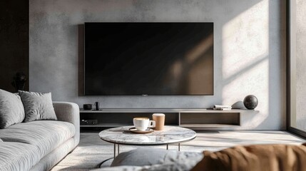 Modern Living Room Interior with Large TV and Cozy Sofa.