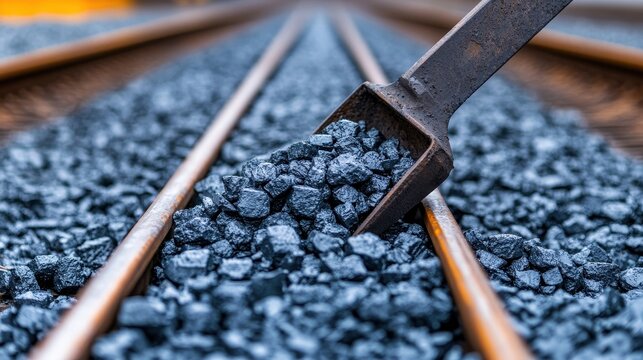 Close-up of a shovel lifting coal from railway tracks, highlighting the texture and details of coal on a railway.