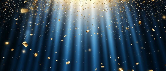 Spotlight on blue curtain background with falling golden confetti - perfect vector illustration for events, celebrations, and theatrical themes