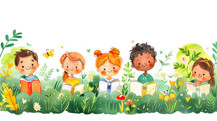 Illustration of Children's Day. Children, books reading in home with friends, learning or diversity for reading at school playground. Kids, education or study with support, water color style