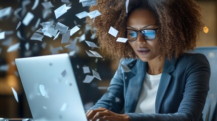 Woman surrounded by flying envelopes working on a laptop, symbolizing email overload
