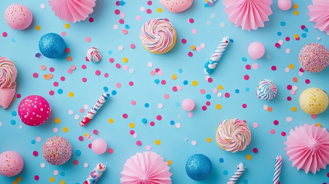 Flat lay party and birthday decoration background - top view with festive streamers, balloons, and confetti - ideal for event planning, celebrations, and party themes