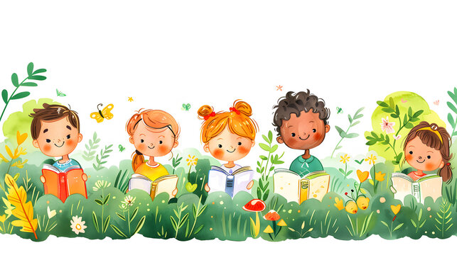 Illustration of Children's Day. Children, books reading in home with friends, learning or diversity for reading at school playground. Kids, education or study with support, water color style - Powered by Adobe