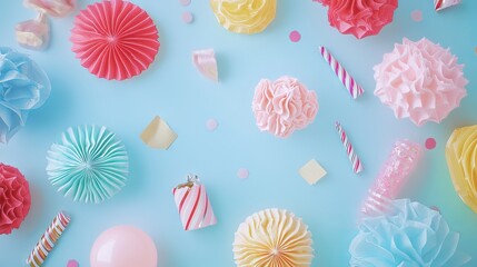 Fototapeta premium Flat lay party and birthday decoration background - top view with festive streamers, balloons, and confetti - ideal for event planning, celebrations, and party themes