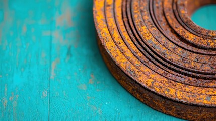 Close-up of rusted metal washers on a teal background, showcasing texture and color.