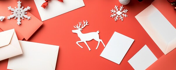 A classic red and white Christmas card featuring reindeer and snowflakes, set on a table with handwritten notes and envelopes,  Christmas cards ,  traditional holiday greetings