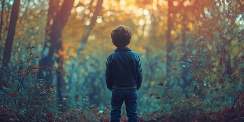 A young child stands in a vibrant forest, surrounded by autumnal leaves and soft light.