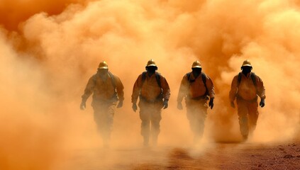 Firefighters walking through smoke with dramatic lighting and shadows