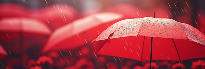Multiple red umbrellas provide shelter under the rain, casting a vibrant and warm atmosphere.