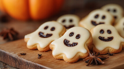 Ghostly Halloween Cookies on Wooden Board with Star Anise