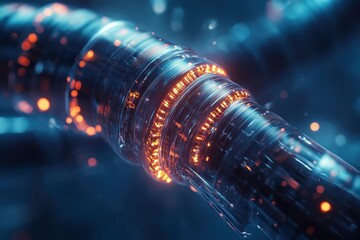 Close-Up View of Glowing Fiber Optic Cable Connector