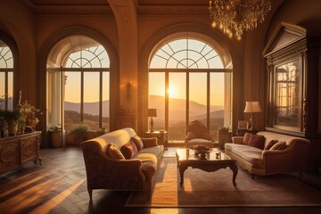 Luxurious living room with classical architecture and scenic sunset