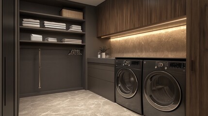 Modern Laundry Room Interior with Black Washers and Dryers.