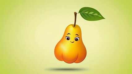 cute animated pear with a smiling face and a green leaf, set against a soft gradient background, creating a playful and friendly - Powered by Adobe