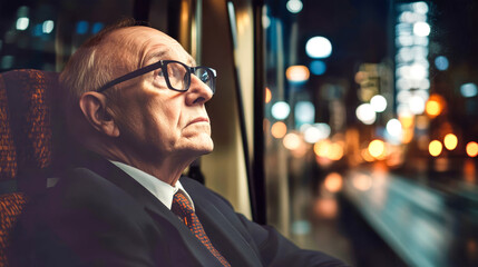 Obraz premium Elegant senior businessman travels alone on a train at night, gazing out the window at city lights after a long day's work