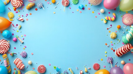 Top view birthday party background with colorful serpentine, balloons, candles, candies, and confetti on blue - perfect for celebrations, party invitations, and event decor