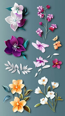 Set Flowers decorative 3d vector papercut