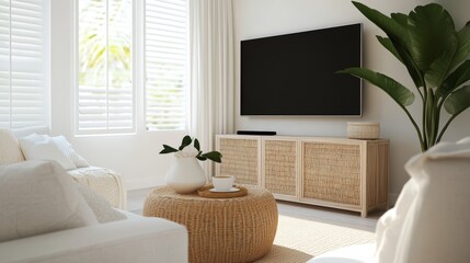 Naklejka premium Modern Living Room Interior with White Shutters, Wicker Furniture, and a Large TV.