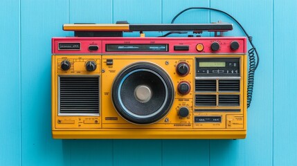 Fototapeta premium Colorful vintage boombox laid flat on pastel blue background, overhead angle, striking colors and sharp lines, retro-tech vibe