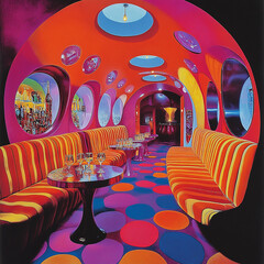 a groovy 1960's London bar, night club, from the movie Austin Powers, psychedelic, in a 1960's magazine art style