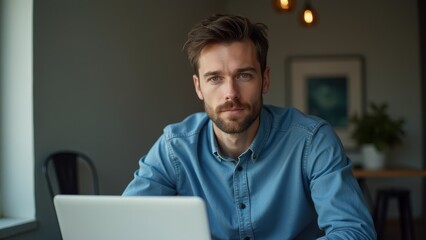 Focused Young Man Working on Laptop in Modern Office Setting