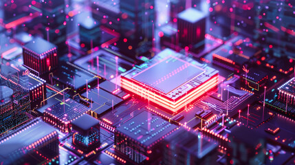 Isometric rendering of a computer chip illuminated by holographic data amidst circuit boards, symbolizing AI integration in futuristic urban landscapes