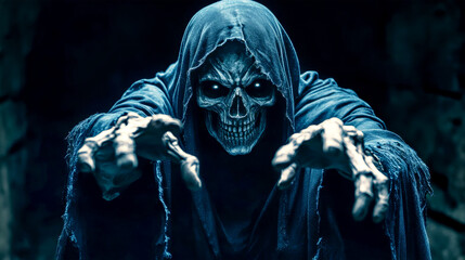 A terrifying grim reaper figure with a skull face reaches toward the viewer, shrouded in a dark blue cape against a stark black background